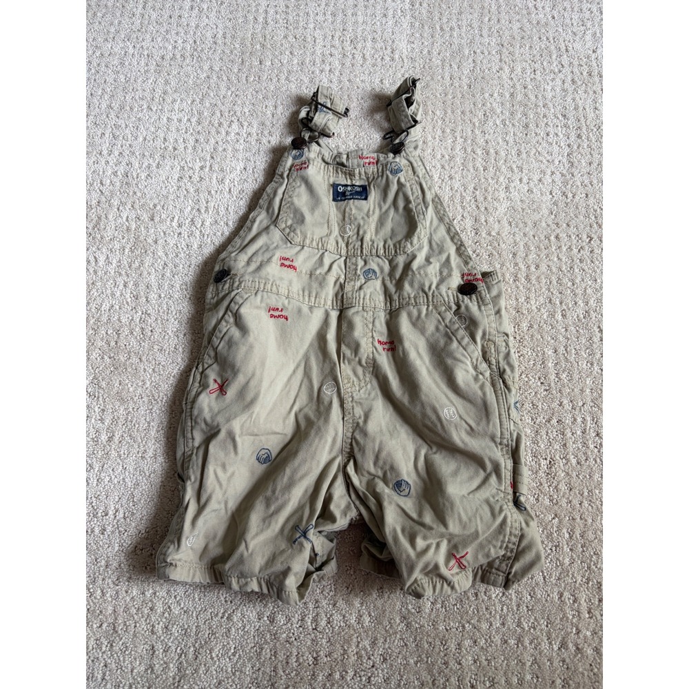 OshKosh Bgosh Kids 4T Khaki Baseball Home Run Embroidered Canvas Short Overalls